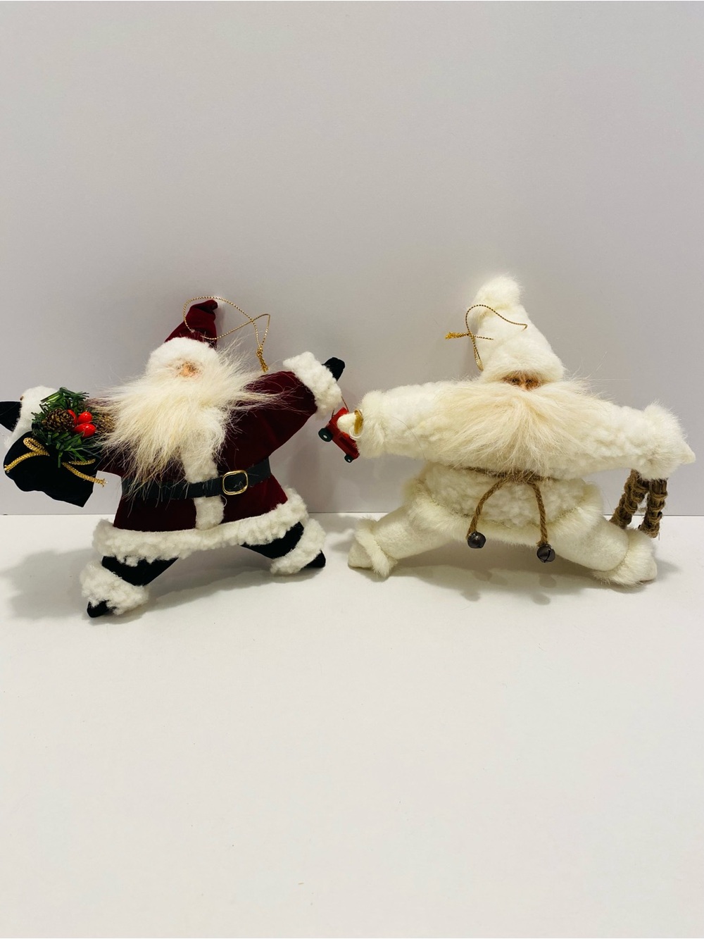 2 Festive Plush SantaOrnaments - Red and Cream SET. VINTAGE